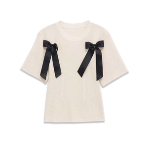 Women Elegant Ribbed Knit Short Sleeve Sweater Round Neck Cream Top With Black Bow Decoration Slim Fit Commute Knitwear