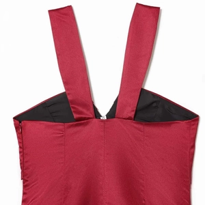 Elegant wine red satin V-neck midi dress with wide straps and smooth silky texture