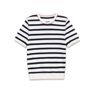 Minimalist black and white striped short sleeve knit top with red contrast stitching details