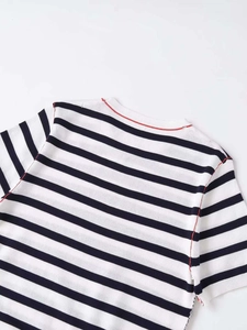Detail of navy and white striped knit top featuring red contrast stitching on shoulders