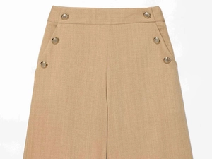 Detail of khaki high waist wide leg pants featuring symmetrical gold buttons on pockets
