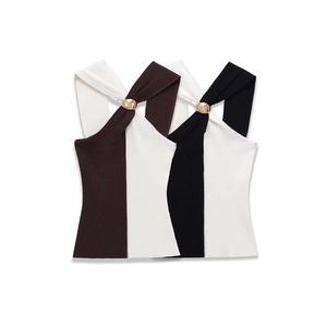 Women Color Block Ribbed Knit Halter Tank Top With Gold Metal Ring Detail Sleeveless Slim Fit Summer Commute Elegant Vest