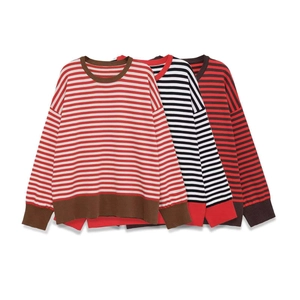 Pull Rayé pour Femmes Tricoté Col Rond Manches Longues Finition Bord-Côte Contrastée Pullover Automne Hiver Tricots Hauts