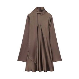 Elegant coffee brown satin high neck dress with ribbon tie decoration on white background