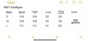 Detailed size guide table for women's knitted cardigan showing S, M, and L dimensions