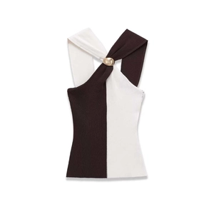 Slim fit bicolor ribbed knit tank top for women with gold buckle and halter neckline
