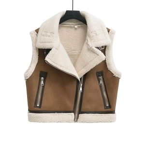 Women Faux Shearling Suede Contrast Vest Vintage Lapel Zip-Up Warm Waistcoat Sleeveless Jacket For Fall Winter Casual