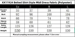 Detailed size guide table for summer belted shirt midi dress with polyester fabric info