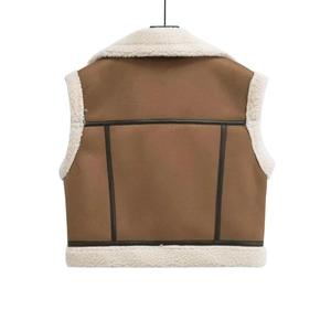 Brown faux suede vest with white faux shearling trim and back stitch detail