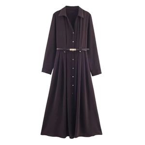 Women Elegant Lapel Long Sleeve Shirt Midi Dress With Belt Coffee Solid Color High Waist Button Up Commuting Office A-Line Dress