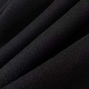 Close-up of black wool-like coat fabric showing the warm, refined texture and material detail
