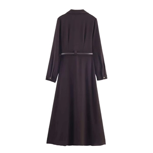Elegant dark brown midi shirt dress with belt and gold buttons from back view