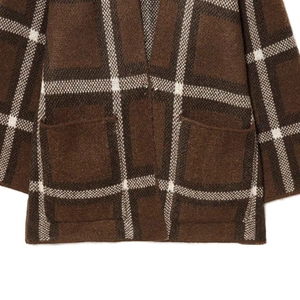 Vintage check knit cardigan with large plaid pattern and functional front pockets