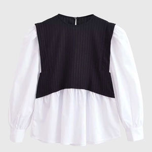 Women's Fake Two-Piece Blouse Long Bubble Sleeve Contrast Color Textured Shirt Elegant Crew Neck Patchwork Top