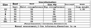 Tableau des tailles détaillé pour la robe longue dos nu ajustée du XS au XXL