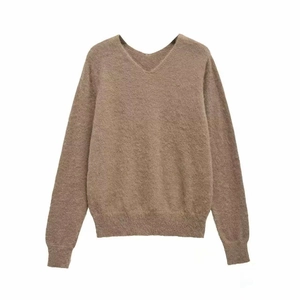 Women Autumn Winter Casual V-Neck Fuzzy Knit Sweater Loose Fit Solid Color Long Sleeve Soft Pullover Jumper Top
