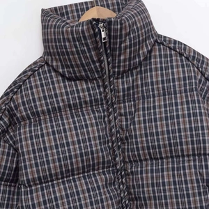 Vintage checkered quilted jacket with stand collar and adjustable drawstring waist design