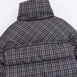 Women's vintage plaid quilted puffer jacket with stand collar and drawstring waist