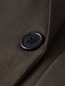 Detail of premium olive blazer featuring fine twill texture and classic black button