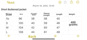 Detailed size chart for the vintage black short jacket with metal buttons in XS to L