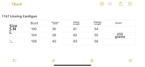 Detailed size guide table for diamond pattern knit cardigan showing bust and length specs
