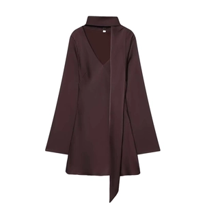 Elegant burgundy satin short dress featuring a deep V-neck and long scarf tie detail