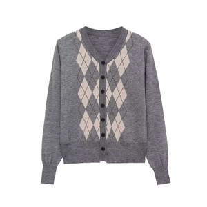 Women Vintage Argyle Knit Cardigan V-Neck Long Sleeve Button Down Sweater Autumn Winter Casual Loose Fit Knitwear Top Grey