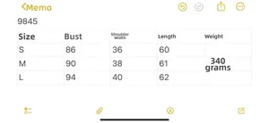 Detailed size chart for striped knit vest with chest, shoulder, and length measurements