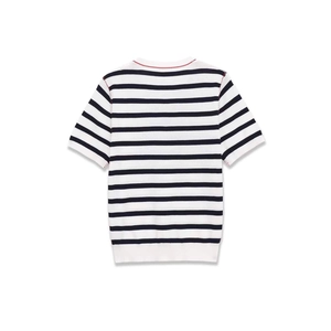 Classic black and white striped short sleeve knit sweater with red stitching detail