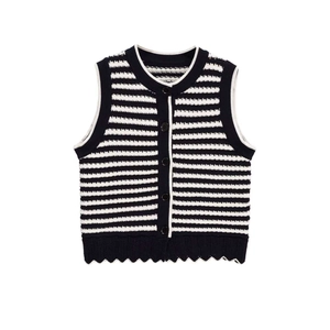 Women's Casual Striped Knitted Vest Sleeveless Round Neck Single Breasted Scalloped Trim Polyester Sweater Top