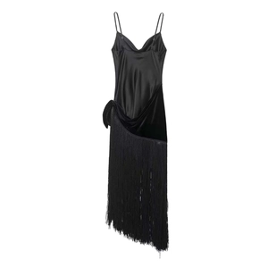 Elegant black satin camisole dress with bow detail and asymmetrical fringe hemline