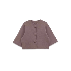 Damen Eleganter Rundhals Strickjacke Pullover Stoffbezogene Knöpfe Halber Ärmel Einfarbig Kurz Polyester Top