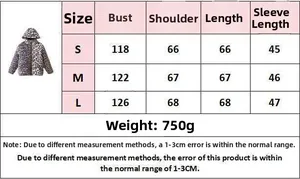 Detailed size chart for leopard print puffer jacket with hood in sizes S, M, and L