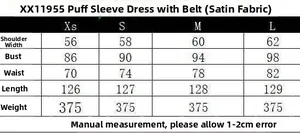 Size guide for draped neck satin midi dress with belt showing shoulder and chest dimensions