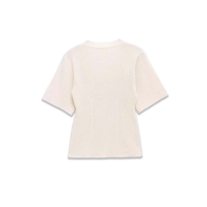 Slim fit cream white ribbed knit short sleeve top for women with a simple crew neck style