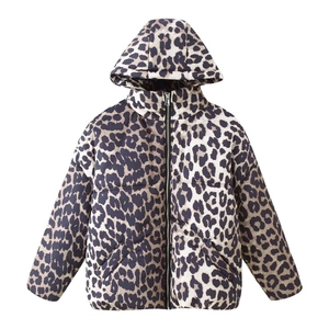 Women Casual Leopard Print Hooded Padded Jacket Winter Warm Detachable Hood Zipper Quilted Mid Length Puffer Outerwear Coat