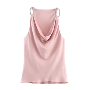 Satin Camisole Top Perlen Ketten Träger Wasserfall Ausschnitt Slim Fit Party Clubwear Rosa Damen