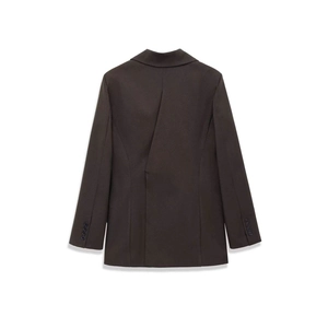 Back view of a classic charcoal gray blazer with a single-breasted cut and buttoned cuffs