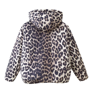 Back view of a thick leopard print puffer jacket with a removable hooded design