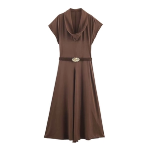 Women Elegant Cowl Neck Satin Midi Dress With Belt Solid Color Sleeveless A Line Commuting Party Evening Dress