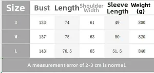 Detailed size chart for women layered coat showing chest, length and shoulder measurements