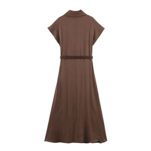 Elegant dark brown satin midi dress with short sleeves and belted waist, back view