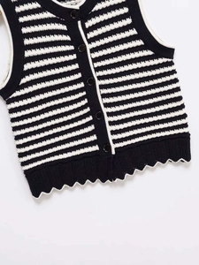 Macro detail of striped knit vest with black buttons and white scalloped edge trim