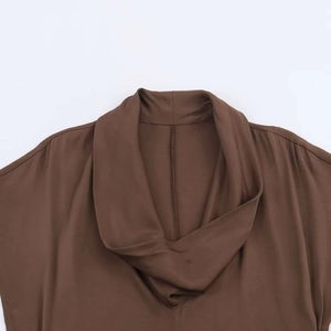 Elegant dark brown midi dress featuring a draped neckline and smooth jersey fabric