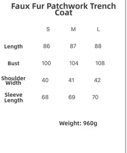Size chart showing length, chest, shoulder, and sleeve measurements for faux fur trench coat