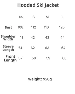 Tableau des tailles pour combinaison de ski à capuche avec mesures de poitrine et manches