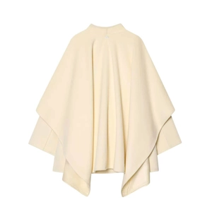 Elegant beige wool blend poncho coat with stand collar and layered drape design