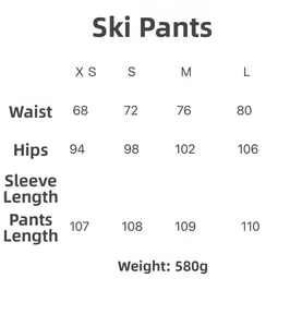 Guide des tailles pour pantalon de ski thermique bordeaux foncé, mesures de XS à L incluses