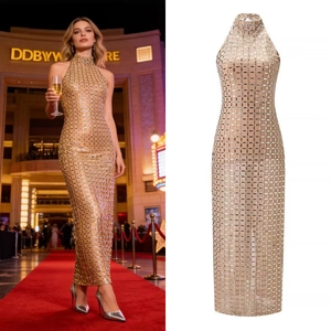Robe Maxi Élégante à Dos Nu avec Grille de Strass Sexy Coupe Ajustée Or Champagne Dos Nu Robe de Soirée Banquet Fête Femme
