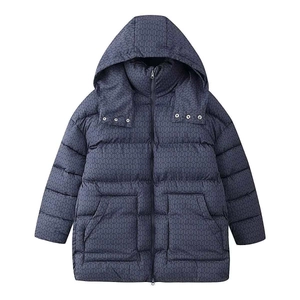 Doudoune à capuche bleu marine avec motif géométrique, boutons-pression et grandes poches